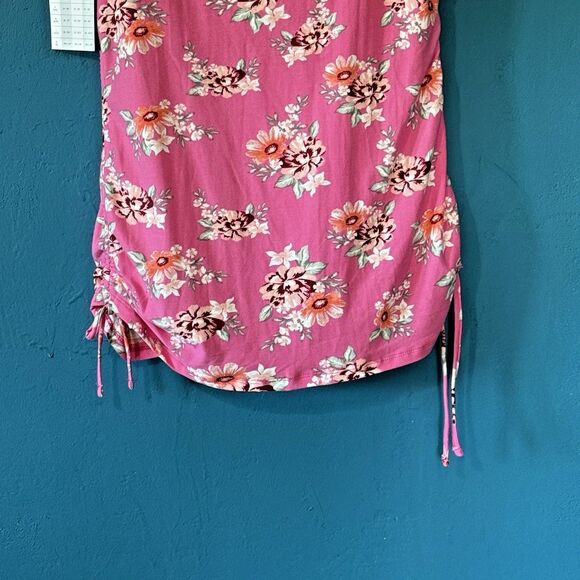 Bobbie Brooks Pink Floral Print Tunic Top w/ Stretch Side Drawstring - Large - Picture 9 of 9